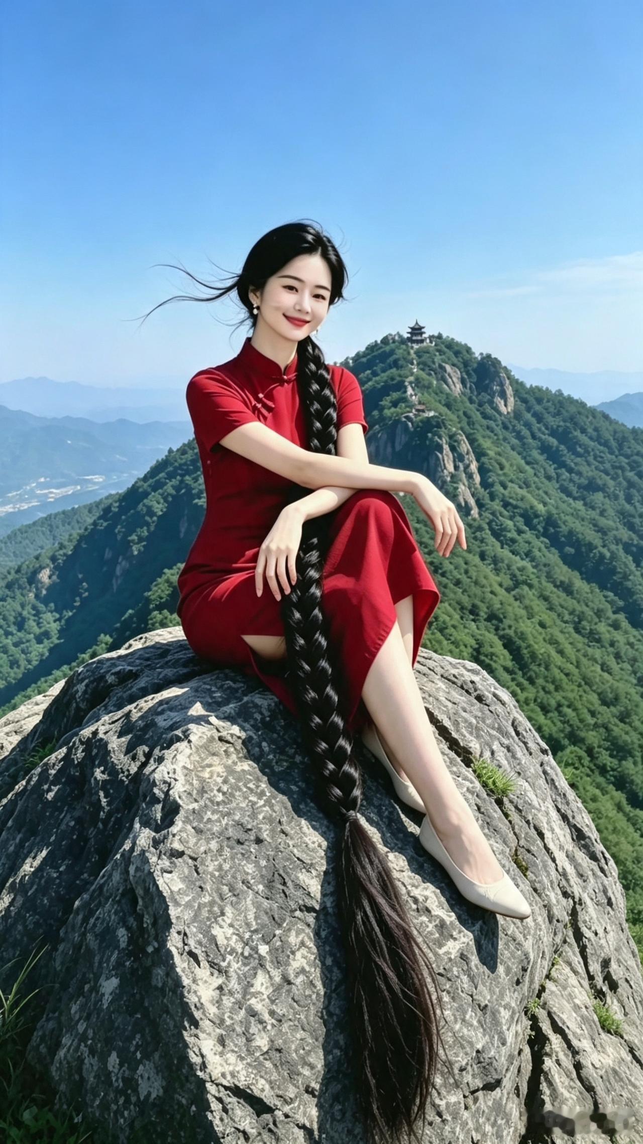 山间红韵青峰叠翠接云天，危石静卧俏容妍。一袭红裙凝秀色，长辫垂飘伴风旋。
