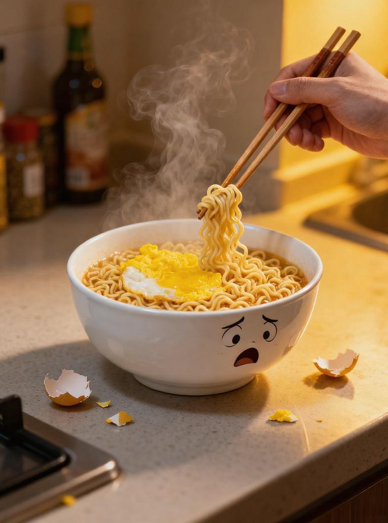 开心一刻：昨天在家煮泡面，想加个鸡蛋，打鸡蛋时太用力，蛋壳碎成渣全掉进碗里。我