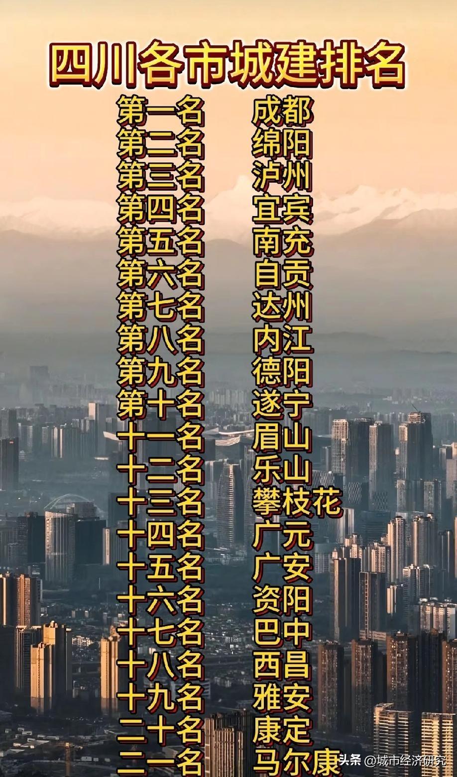 四川各城市城建实力排名情况，图片里属于四川各城市城建实力排名，四川的网友们可以说