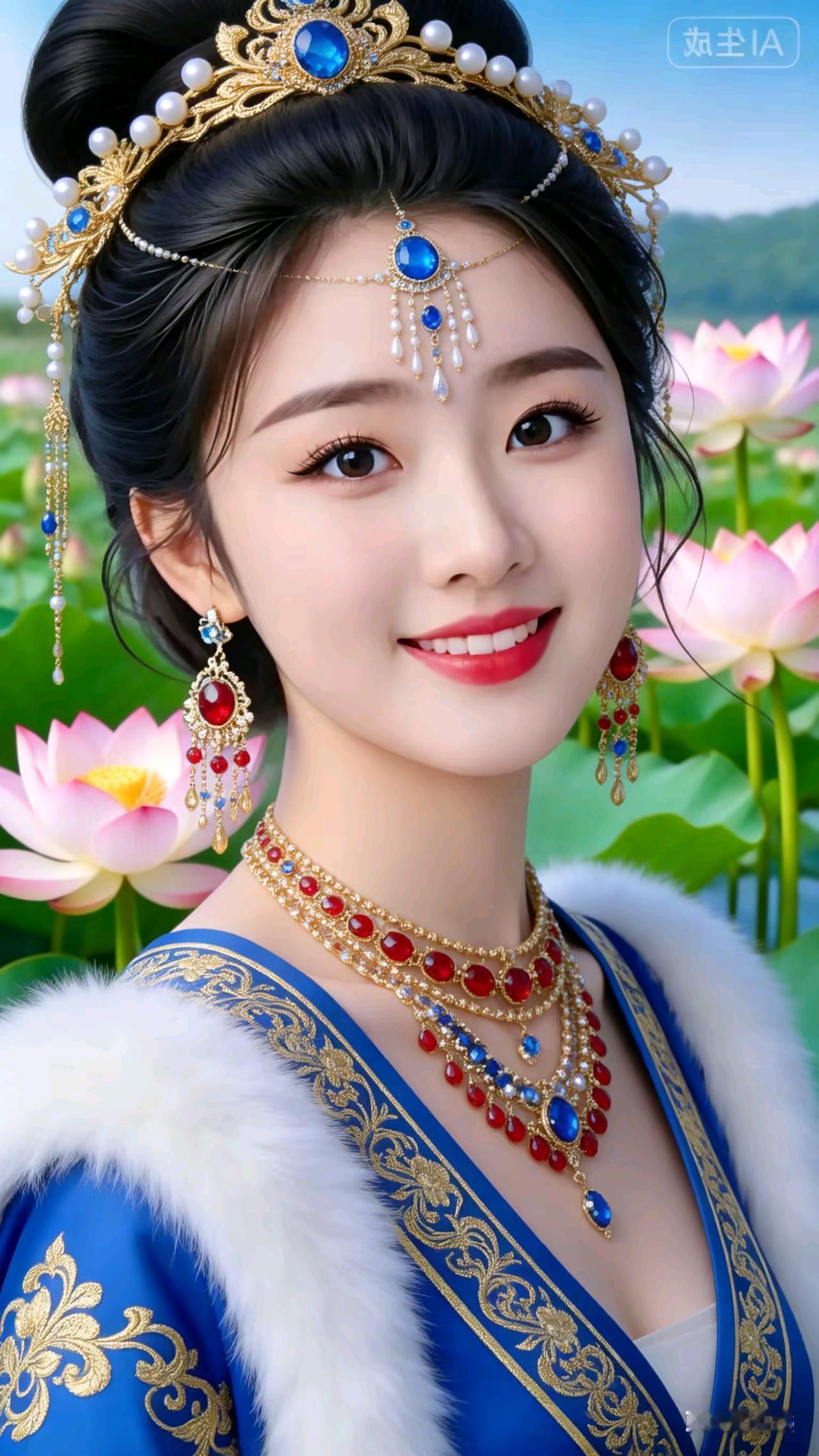 荷塘贵女蓝袍金饰闪银芒，满项珍珠宝石镶。高髻盘梳彰雅量，甜颜浅笑暖心房。
