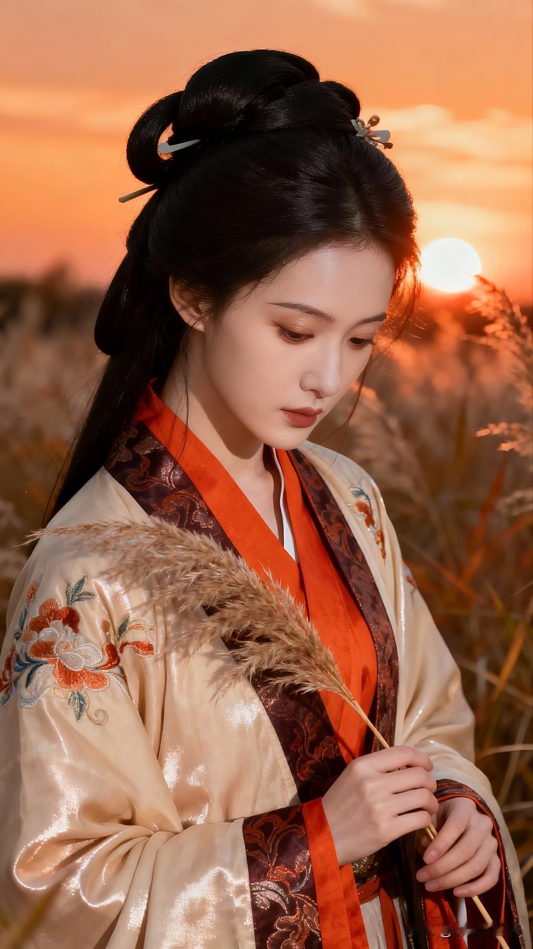 橙红染就锦云裳，古琴声断芦苇荡。俯仰天地皆秋色，青丝漫卷暮云长。莫问知音在何