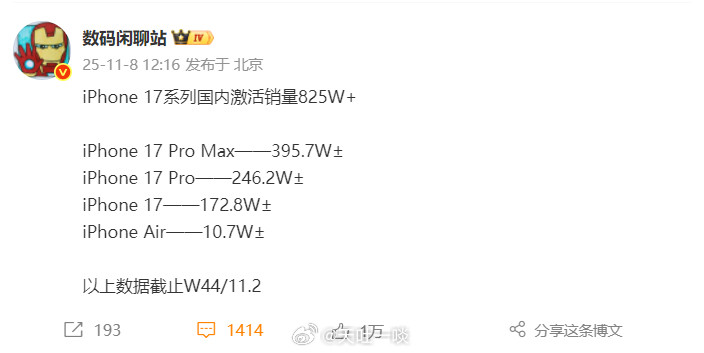 看iPhone17系列国内激活量数据扎心吗？iPhone17系列在国内截止到