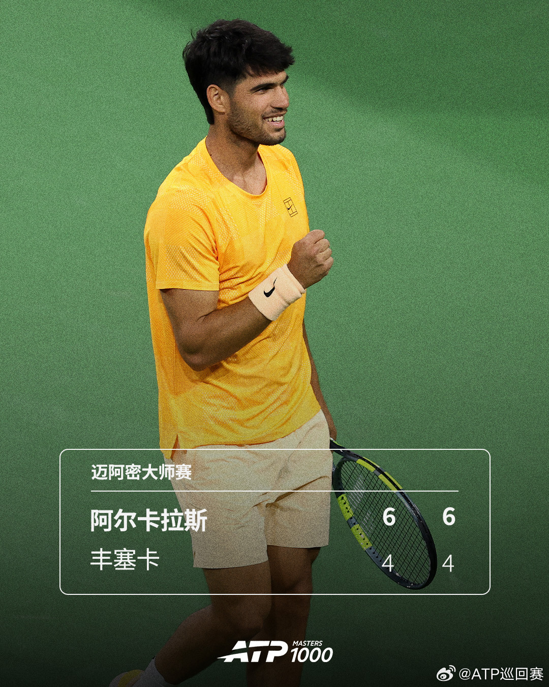 阿尔卡拉斯击败丰塞卡🔥ATP1000迈阿密大师赛第二轮，头号种子阿尔卡拉斯6