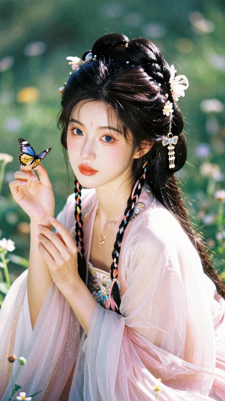怎样穿搭知性又显身材?仙气飘飘的汉服少女，与蝴蝶共舞在花海中