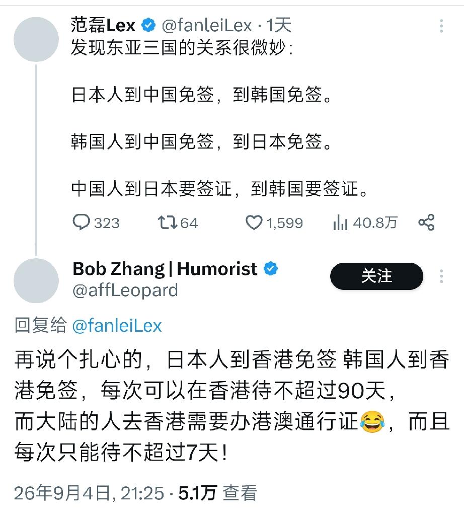 发现东亚三国的关系很微妙：日本人到中国免签，到韩国免签。韩国人到中国免签
