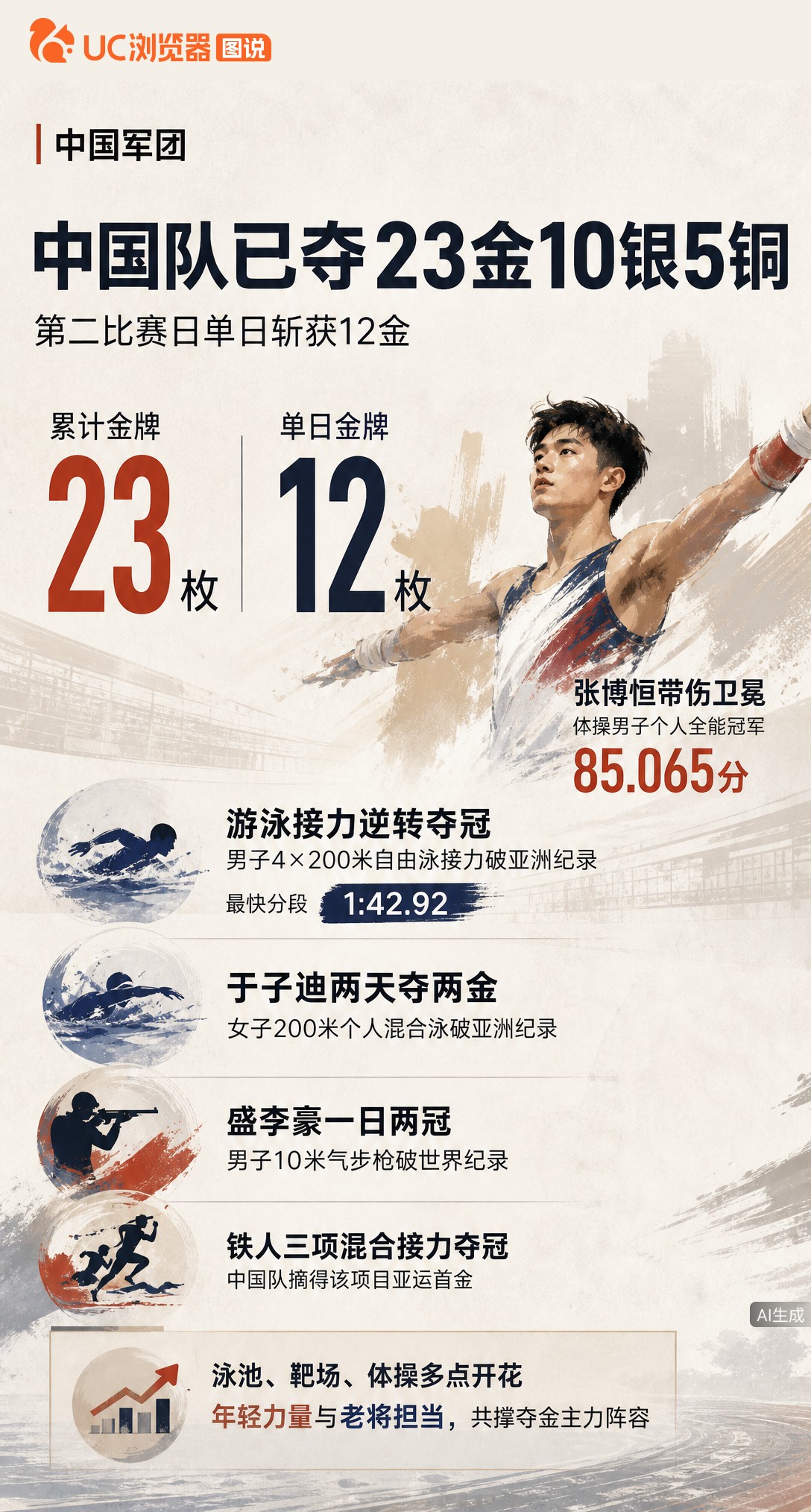 单日狂揽12金！中国队亚运金牌已达23枚。游泳接力逆转破亚洲纪录，盛李豪一天两冠还刷世界纪录，张博恒