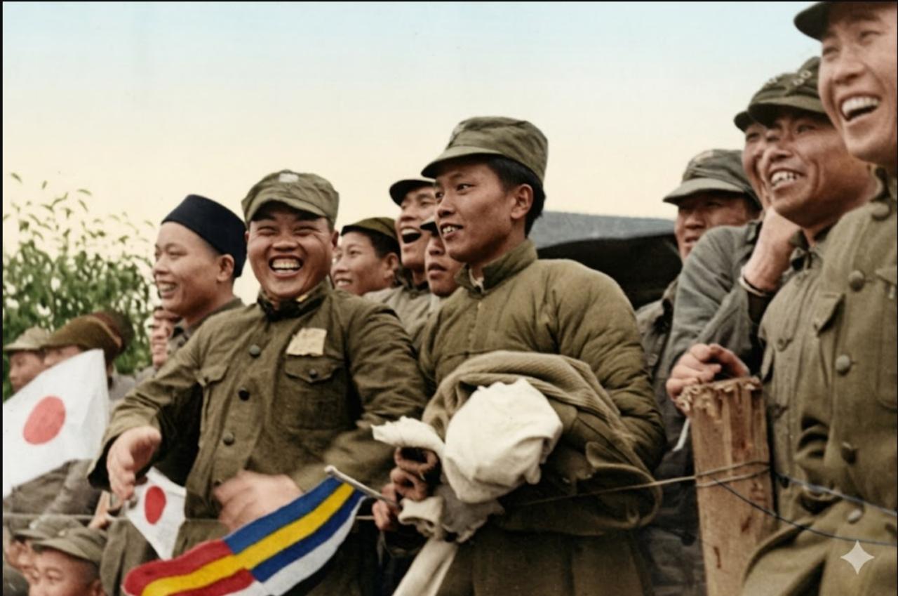 武汉沦陷后，一群伪军，正和日军联欢，笑得一脸灿烂，像在参加一场喜庆的集会。照片