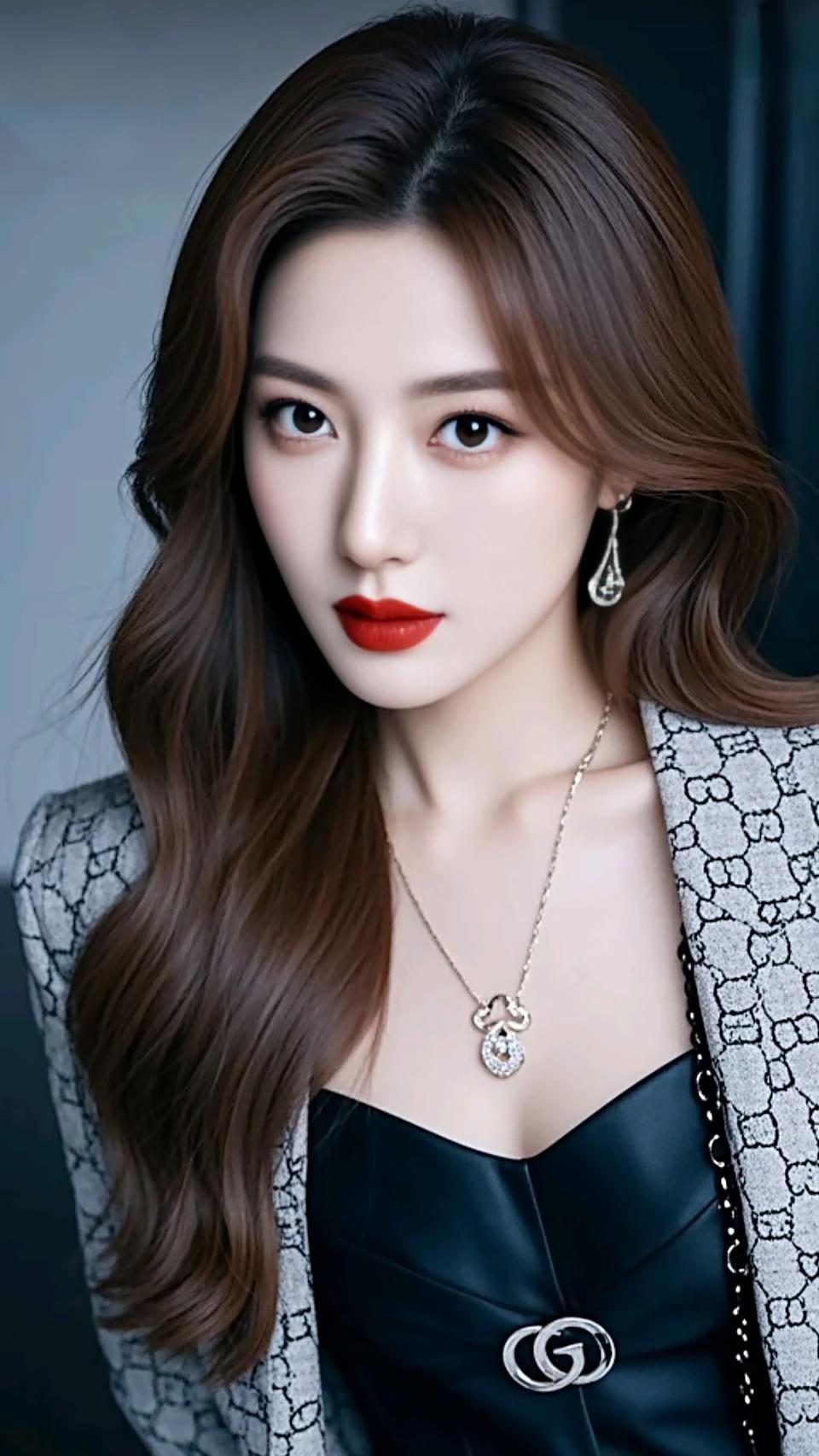 优雅红唇，时尚穿搭，魅力女神