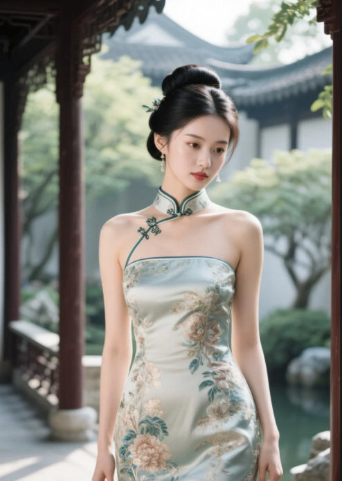 旗袍丽人执扇掩面，眼波流转勾魂夺魄