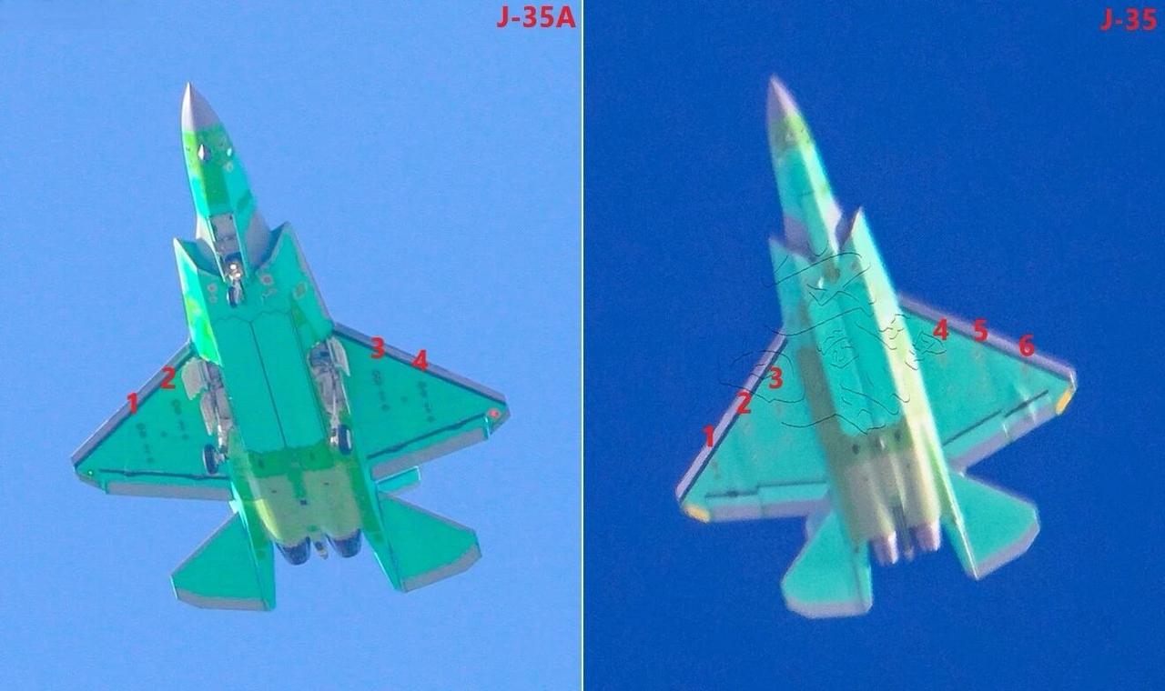 空军版的歼-35A（左）比海军舰载版的歼35（右）少挂载两枚导弹。同角度对比，