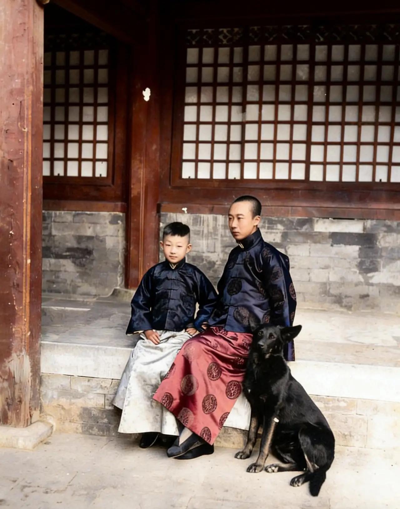 1922年，溥仪和小舅子润麒在养心殿前的一张合影，彼时的溥仪已经受西学老师庄士敦