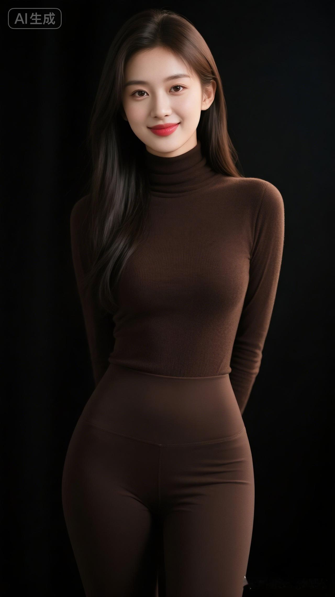 优雅气质，棕色紧身衣，完美身材，自信微笑