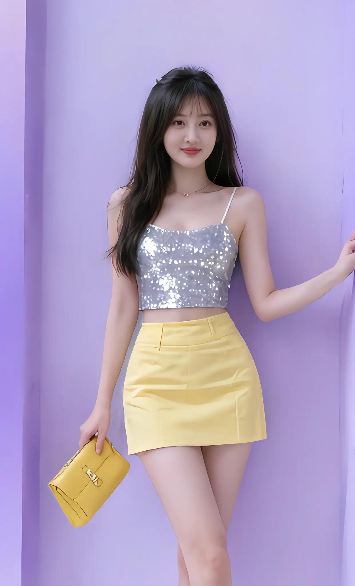 甜美少女风穿搭，闪闪上衣配亮黄色短裙，元气满满！💖✨