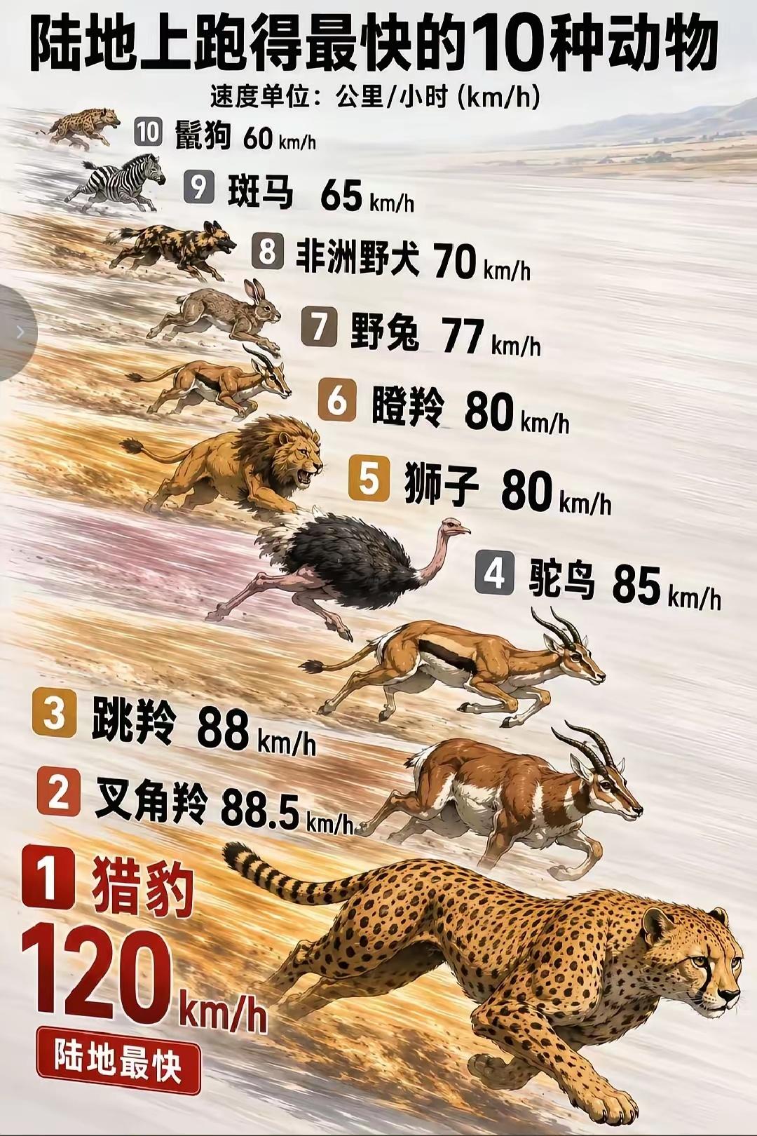 陆地奔跑速度十强第一名毫无悬念：猎豹120km/h一骑绝尘，其他动物望尘莫