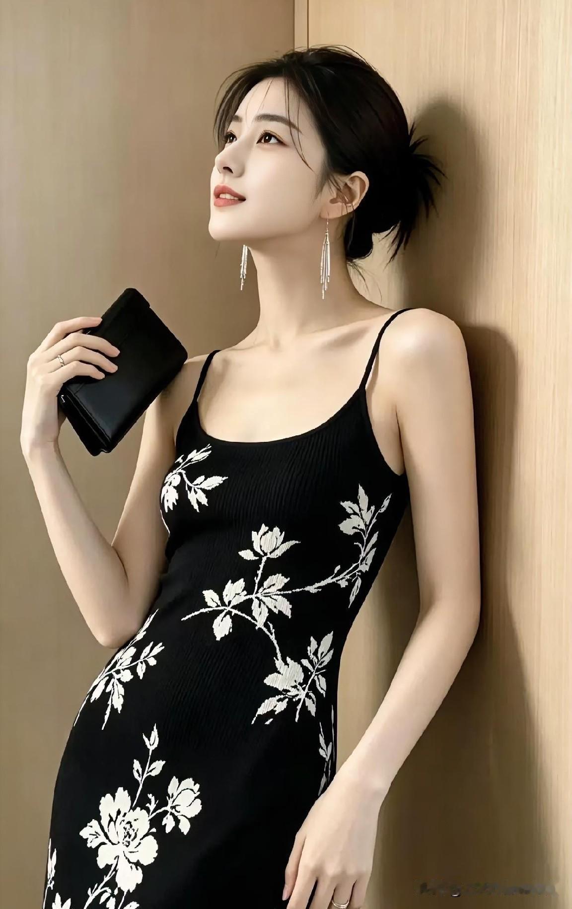 《优雅绽放》黑白繁花裙，勾勒出简约高级。丸子头利落，流苏耳环摇曳生姿。