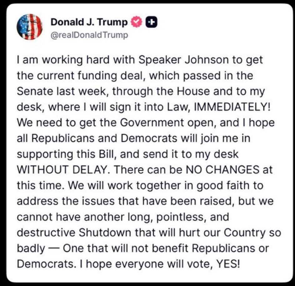 唐纳德．J．特朗普我正与议长约翰逊共同努力，争取让上周在参议院通过的当前拨款协议