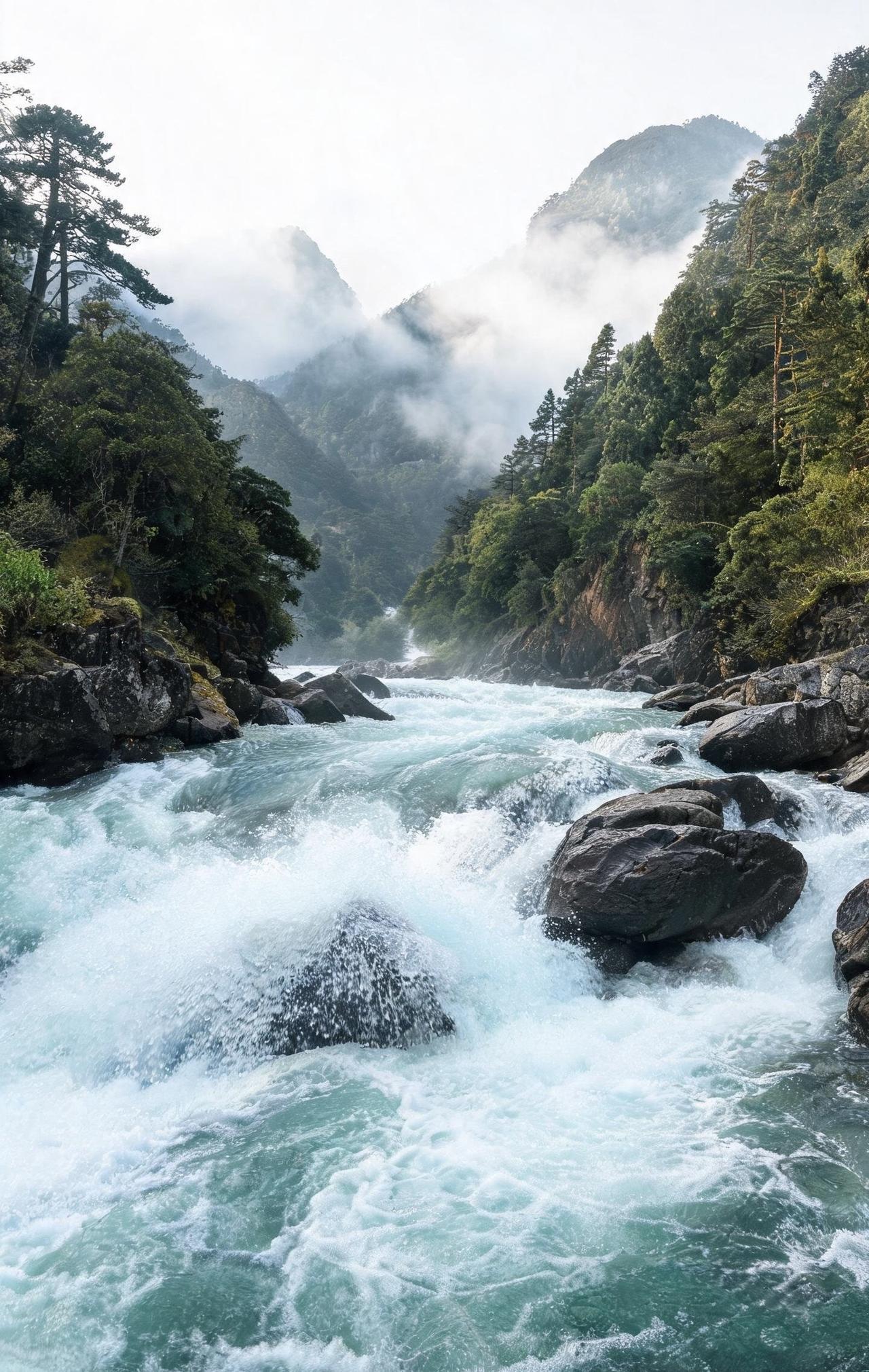 精美壁纸（778）🌈📝深山之间一条溪流奔涌向前，水流势头很急，狠狠撞在河道