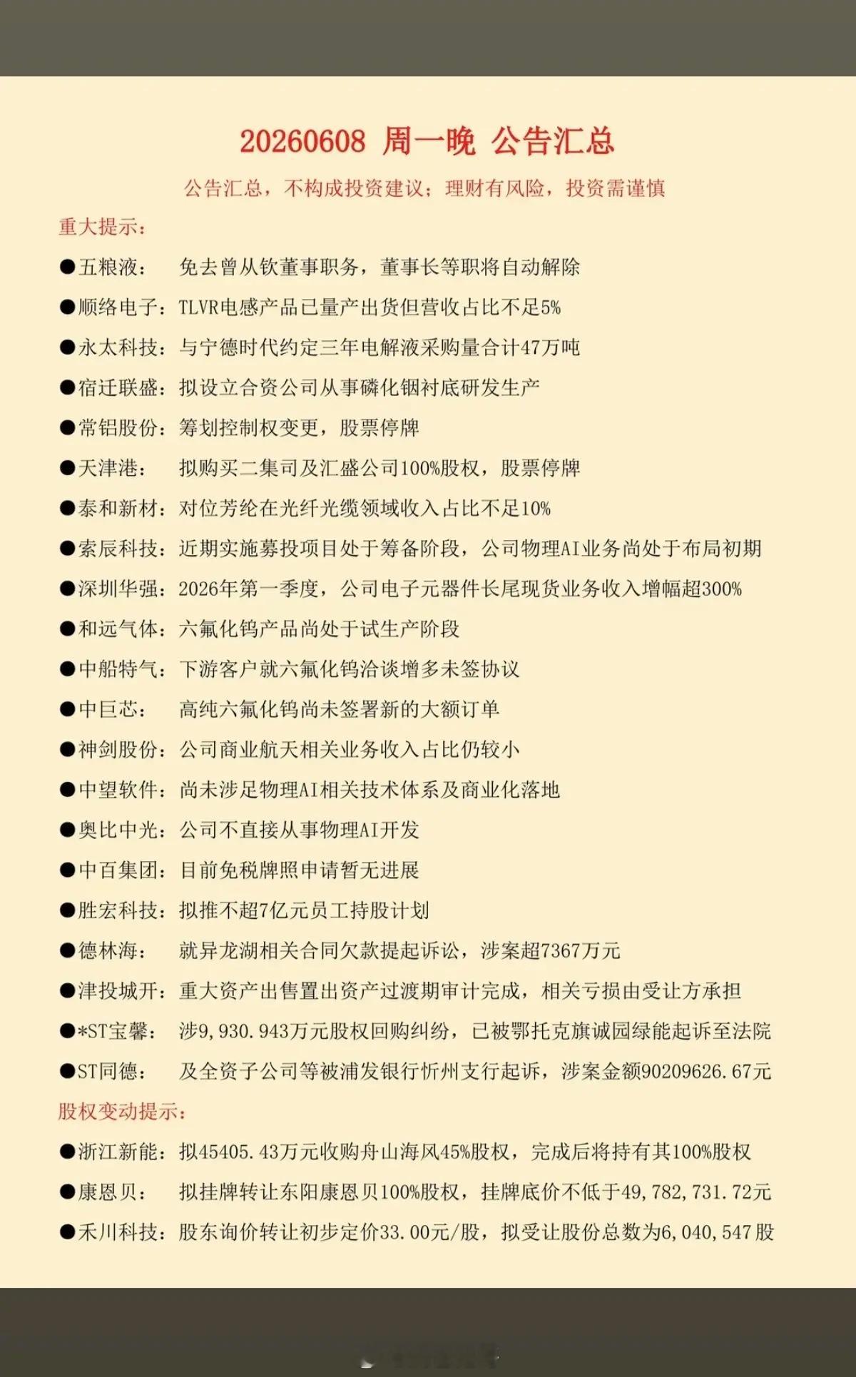 6.9周二财经信息+上市公司公告汇总！56家公司发布公告：主要涉及：停复牌、