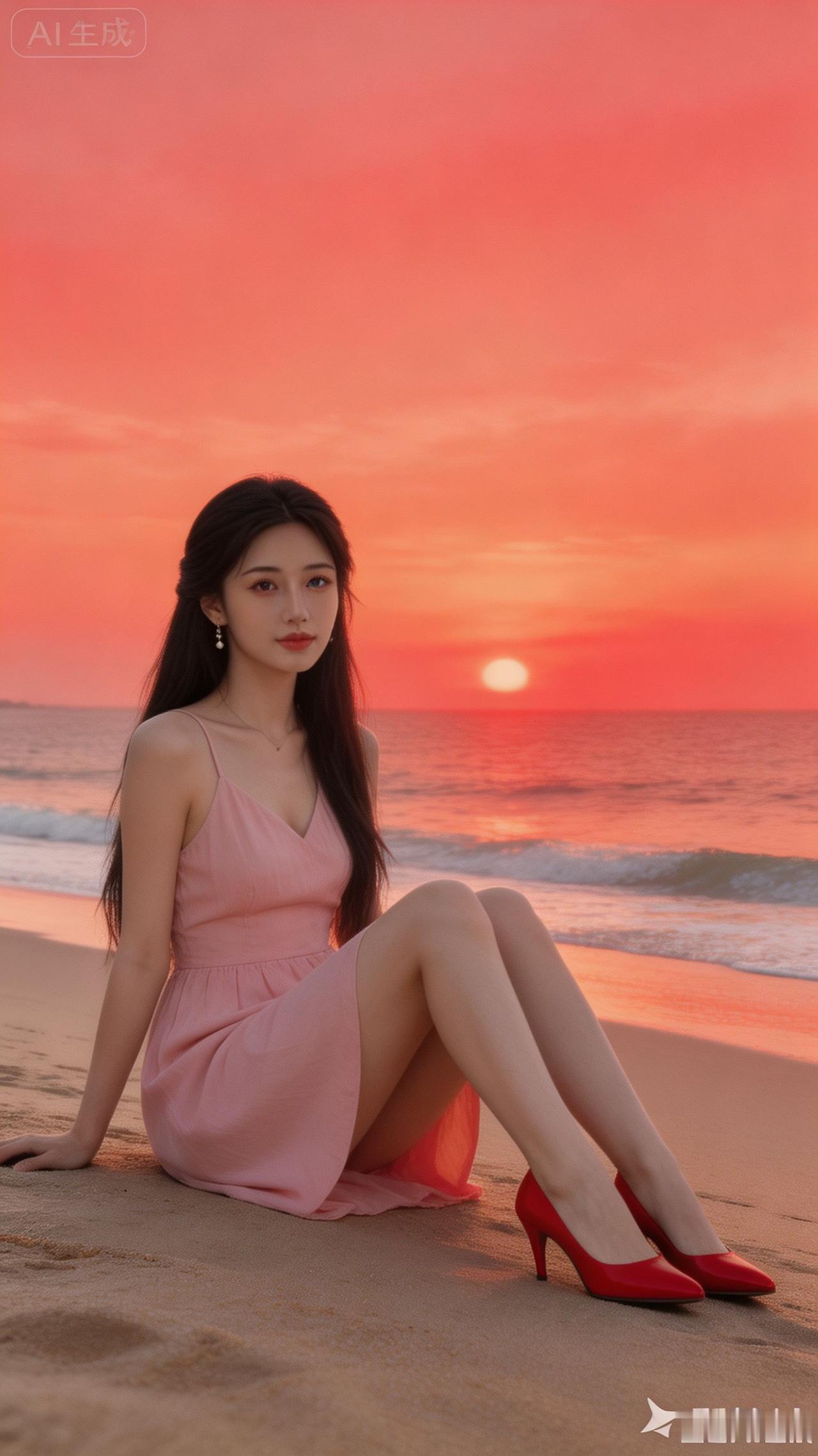 夕阳下，她坐在沙滩上，美如画。
