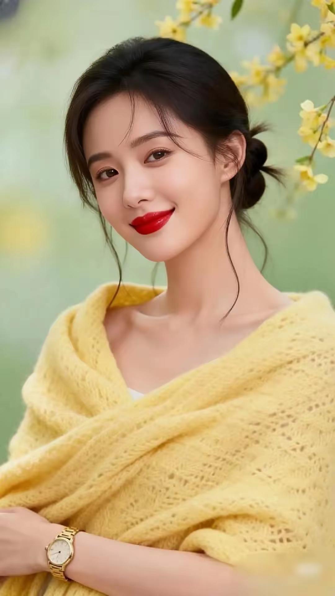 温柔春日穿搭，黄色针织披肩，红唇微笑，花海背景，浪漫气息满满。