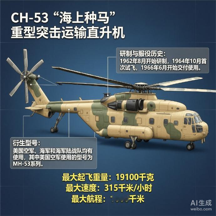 军事ai新视野美国CH-53“海上种马”直升机机身长度：26.97米机身高度：