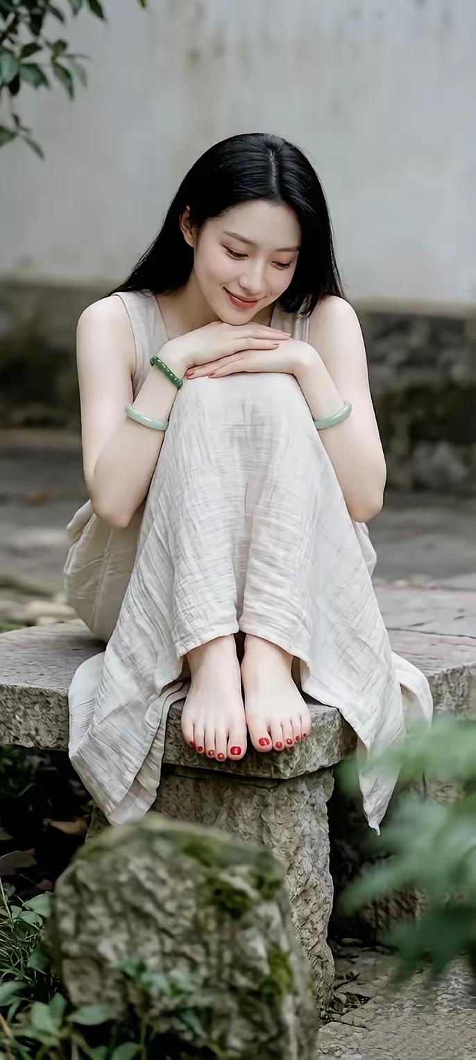 [玫瑰]坐在溪边的赤足女神！一个女孩，当她独处的时候，嘴角，眉梢都是笑，她