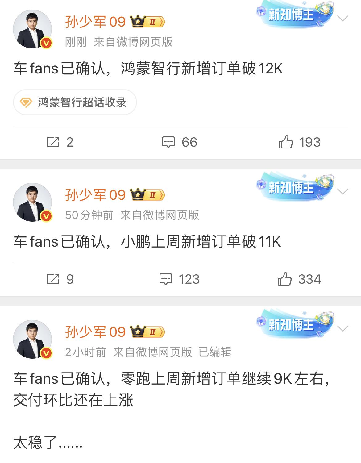 上周部分新势力新增订单情况。（来自车fans）鸿蒙智行：12000+小鹏：1