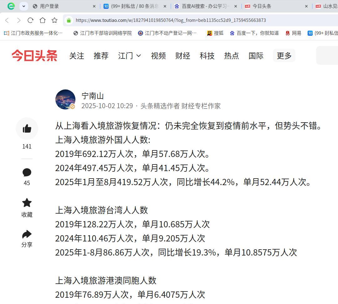 上海入境旅游外国人人数:难怪上海的外国人这么多还是恢复的很快的