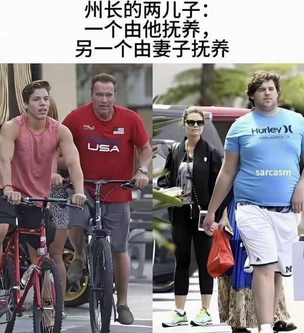 同样是施瓦辛格的亲生儿子，两个人站在一起，反差感直接拉满。左边跟着父亲长大