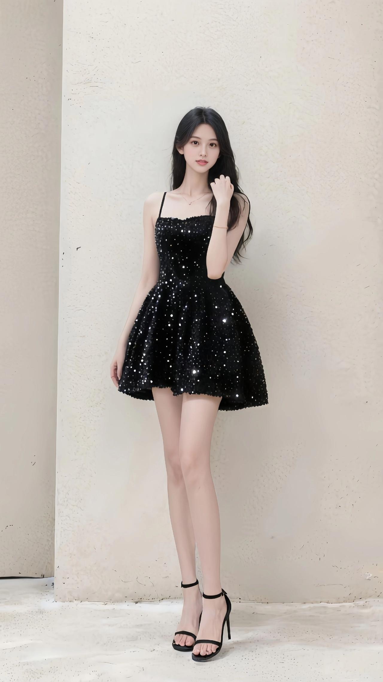 御姐腿精本精怎么将小黑裙穿出氛围感爆闪亮片晚礼服财阀千金小礼服