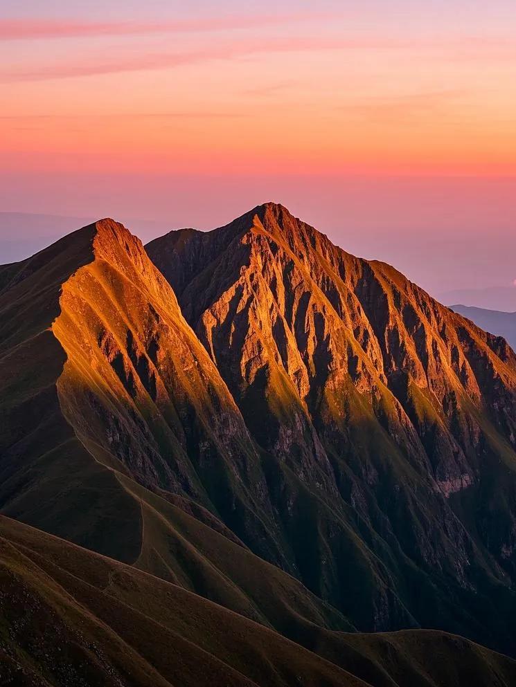 武功山夕阳落幕，晚霞从深红变淡粉，山峦在夜色中隐现。又一季的武功山鳌峰山晚霞