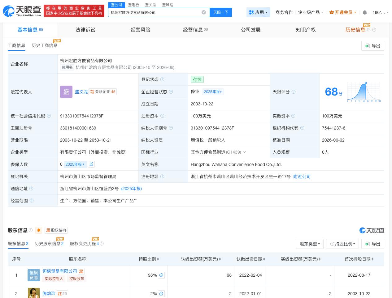 娃哈哈方便食品公司更名宏胜方便食品天眼查App显示，近日，杭州娃哈哈方便食品