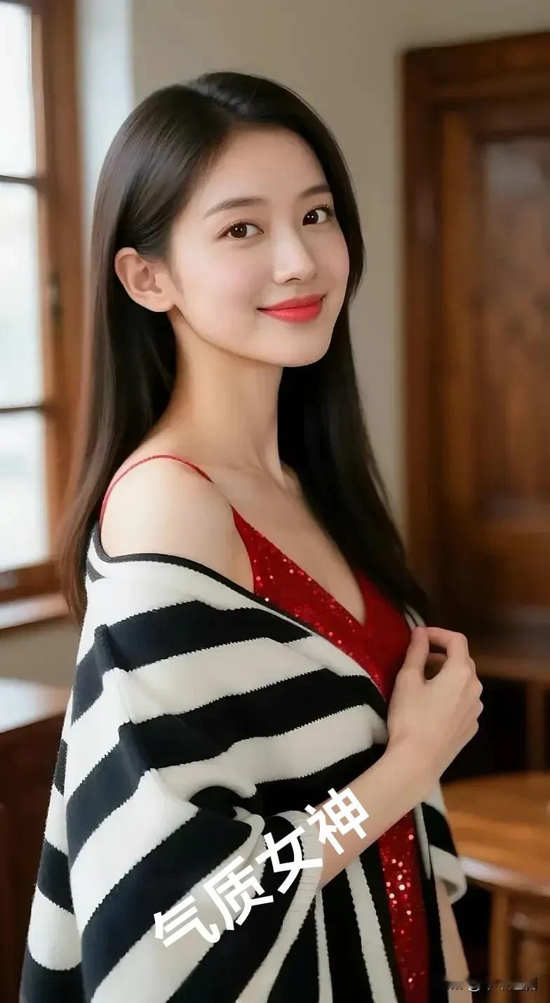 红裙闪片摇曳风情，黑白条纹披肩添了几分随性，长发如瀑，浅笑间将优雅与活力交织，她