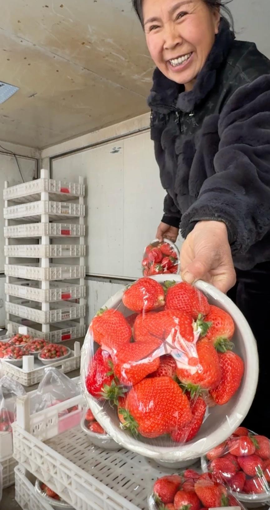 济南奥体天街附近，一辆装满草莓的小货车前，队伍拐了三道弯。摊主邓洪岭站在车厢后面