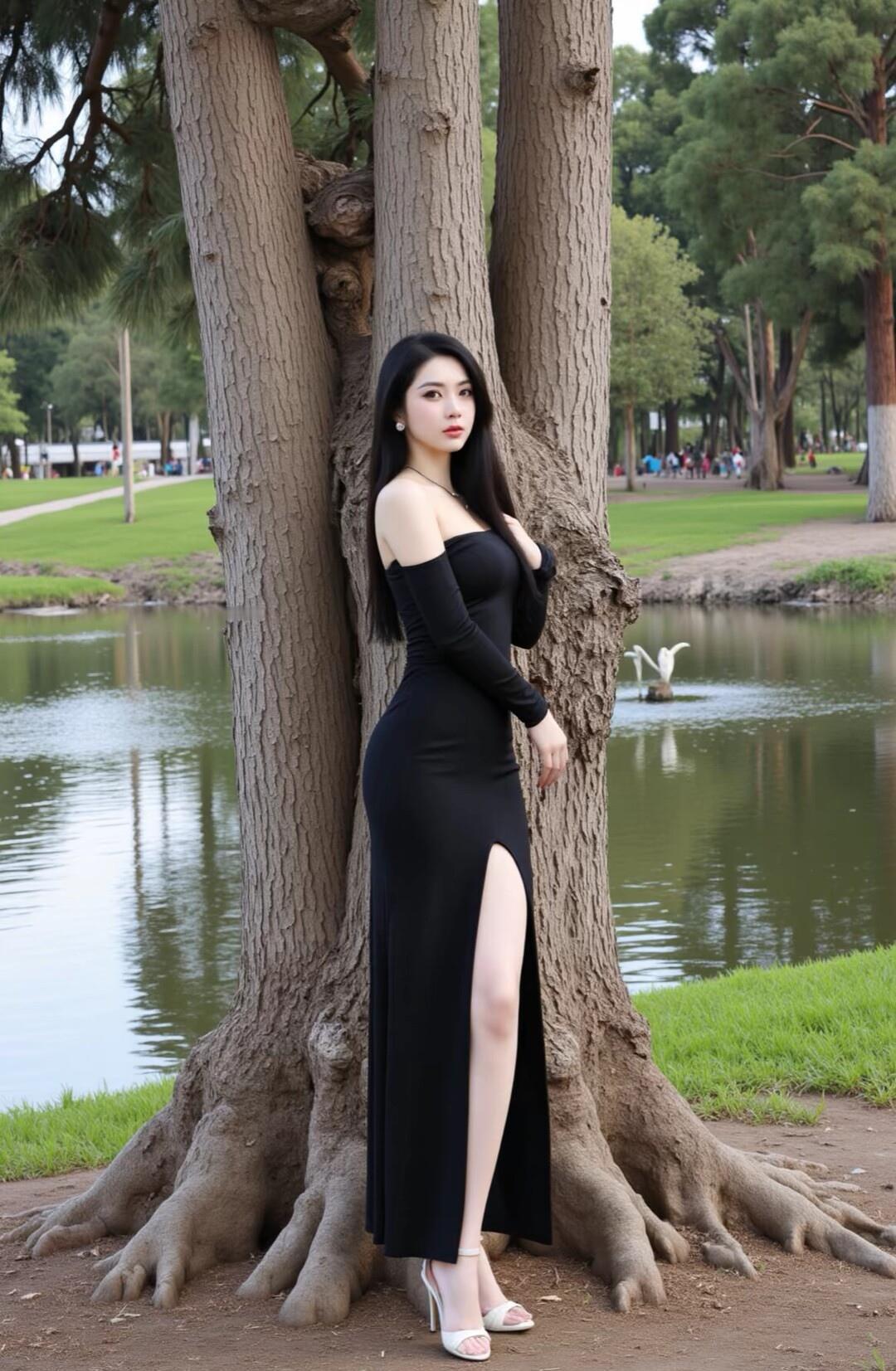 优雅黑裙，树间轻倚，静享自然之美。