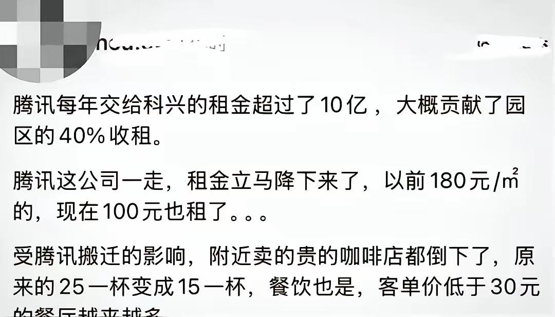 腾讯这么多年，办公场地都是租的！！一年租金10亿，占据科兴租金的40%；带动