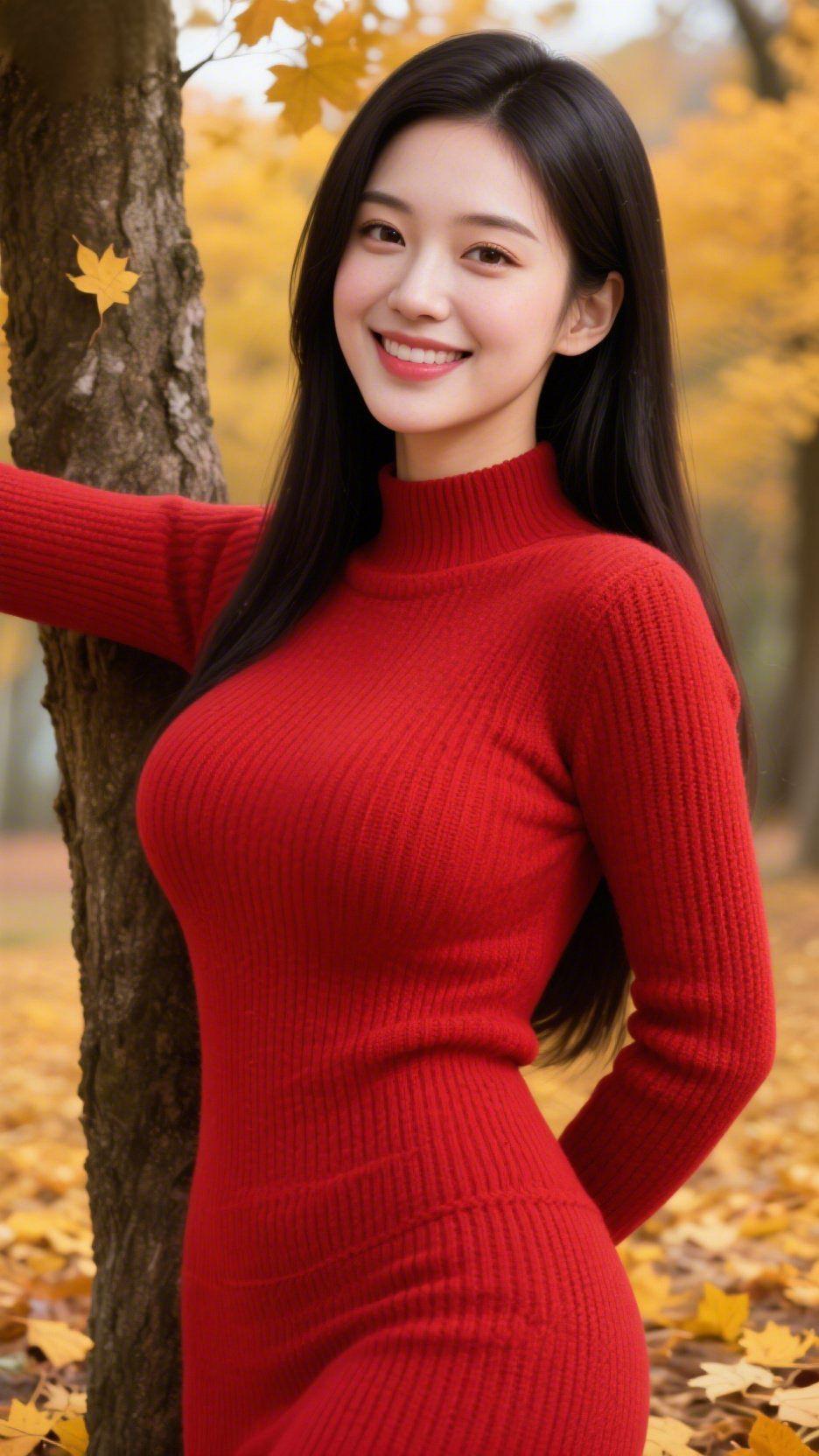 秋红染笑意焦糖色的秋意漫过林间，一袭红毛衣撞进金黄的落叶里，像揉碎的暖阳，