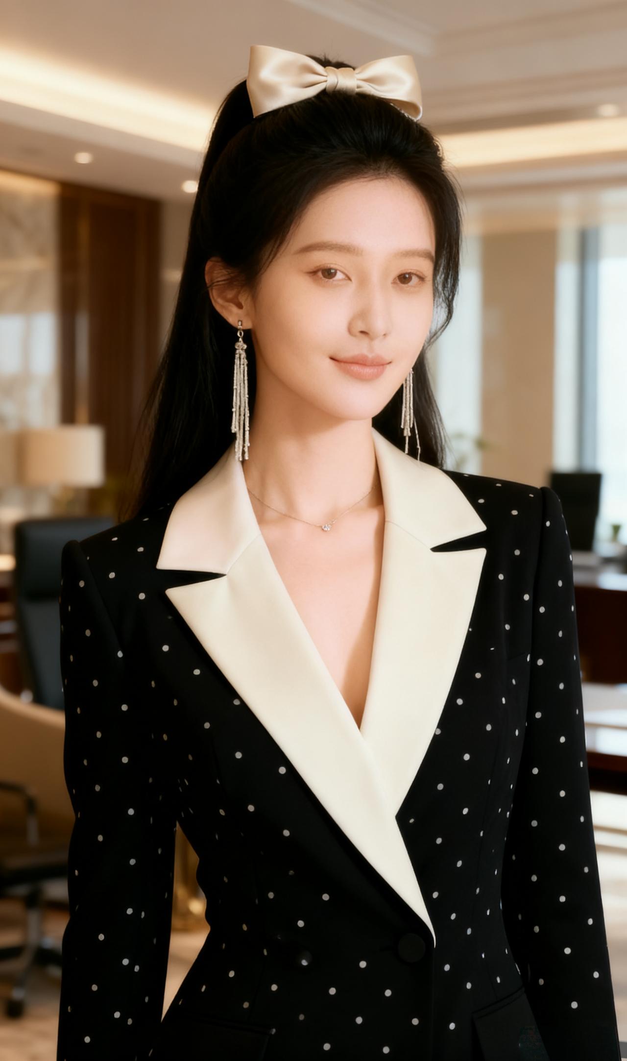 黑白撞色的西装外套，黑色主体搭配米白色翻领，衣身点缀细小的白色圆点，领口为V领设