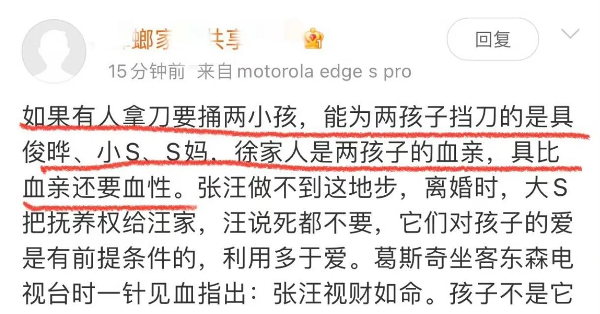 S粉说，如果有人拿刀捅两个小孩，能为孩子挡刀的是具俊晔、小S、S妈，徐家人是两个
