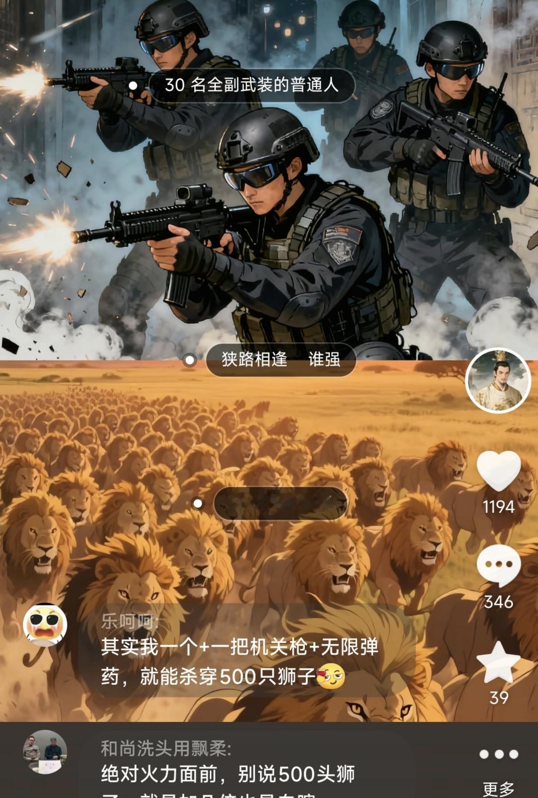 30个全副武装的普通人，对500头非洲狮，狭路相逢谁能赢？A：30个全副武