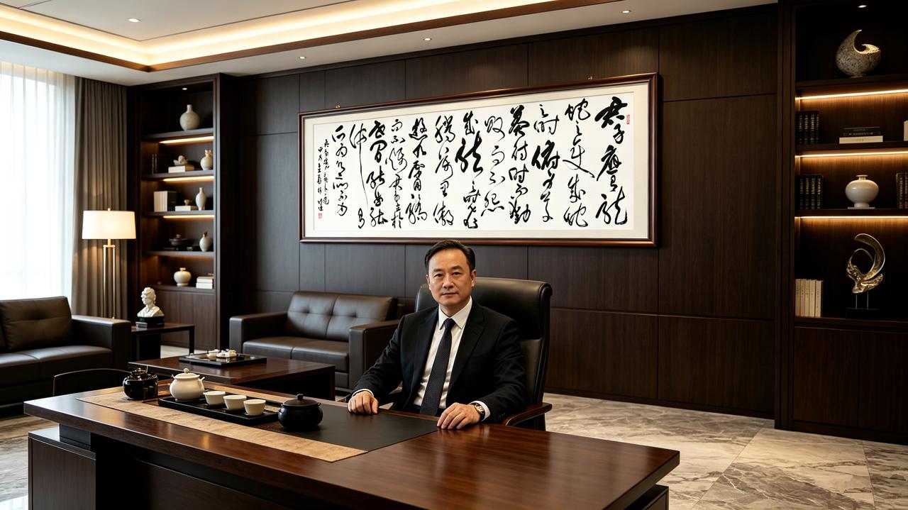 闲居茶室，伏案静心挥毫，创作这幅横幅草书《君子应有龙蛇之变》。书写选用奔放连绵的