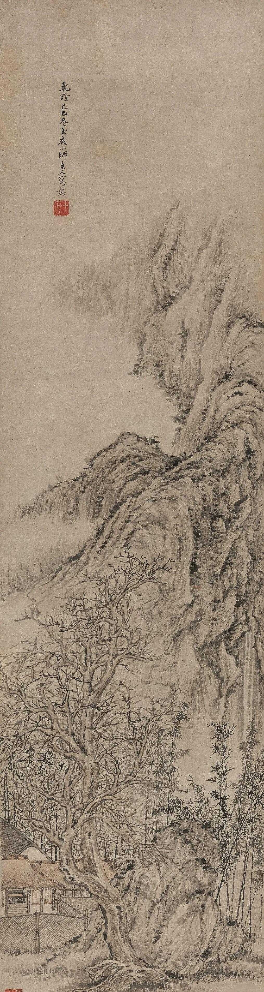 方士庶《枯枝茅庐图》，镜心 设色纸本127×33.5cm。钤印：士庶、偶然