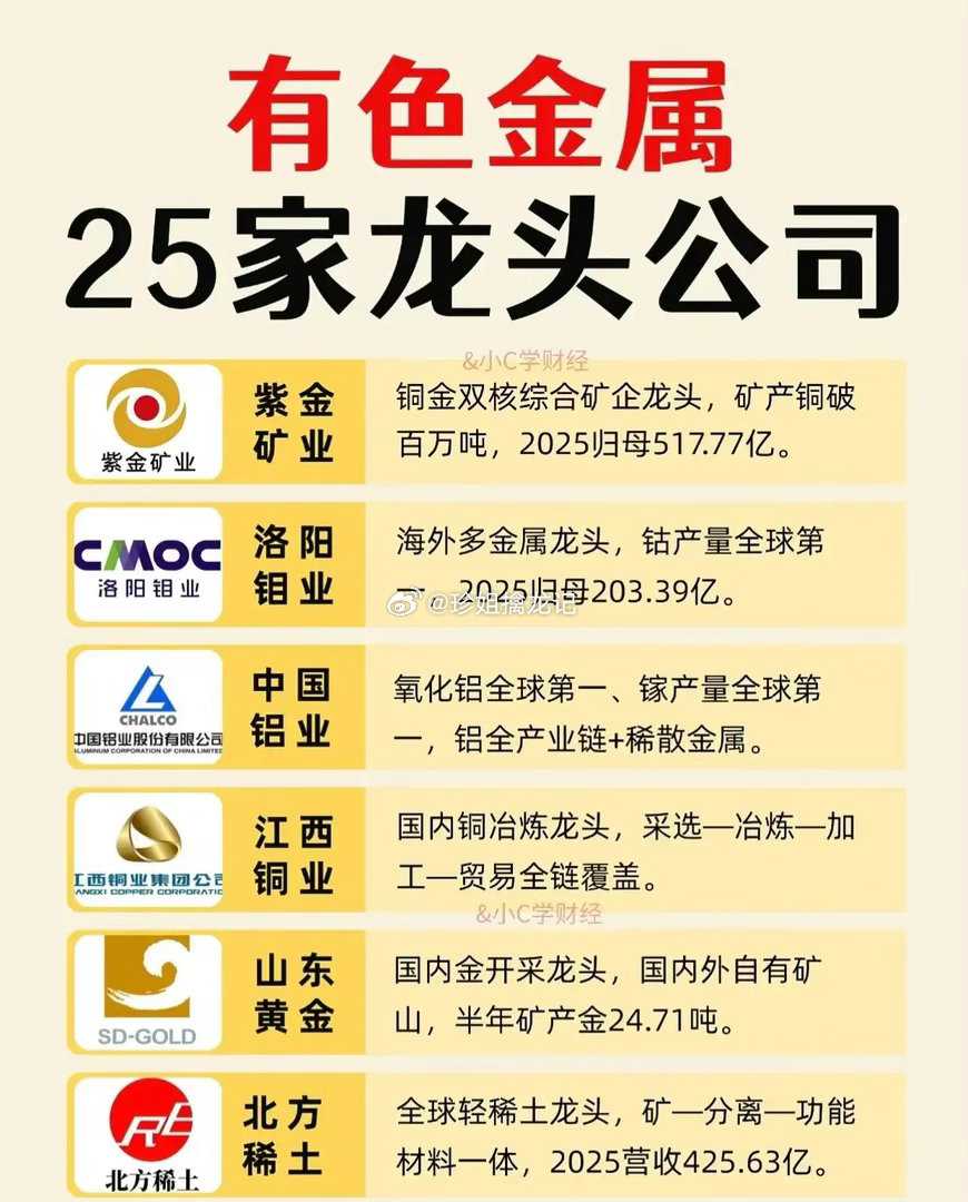 有色金属25家龙头公司盘点！铜金锂铝稀土全梳理​​​