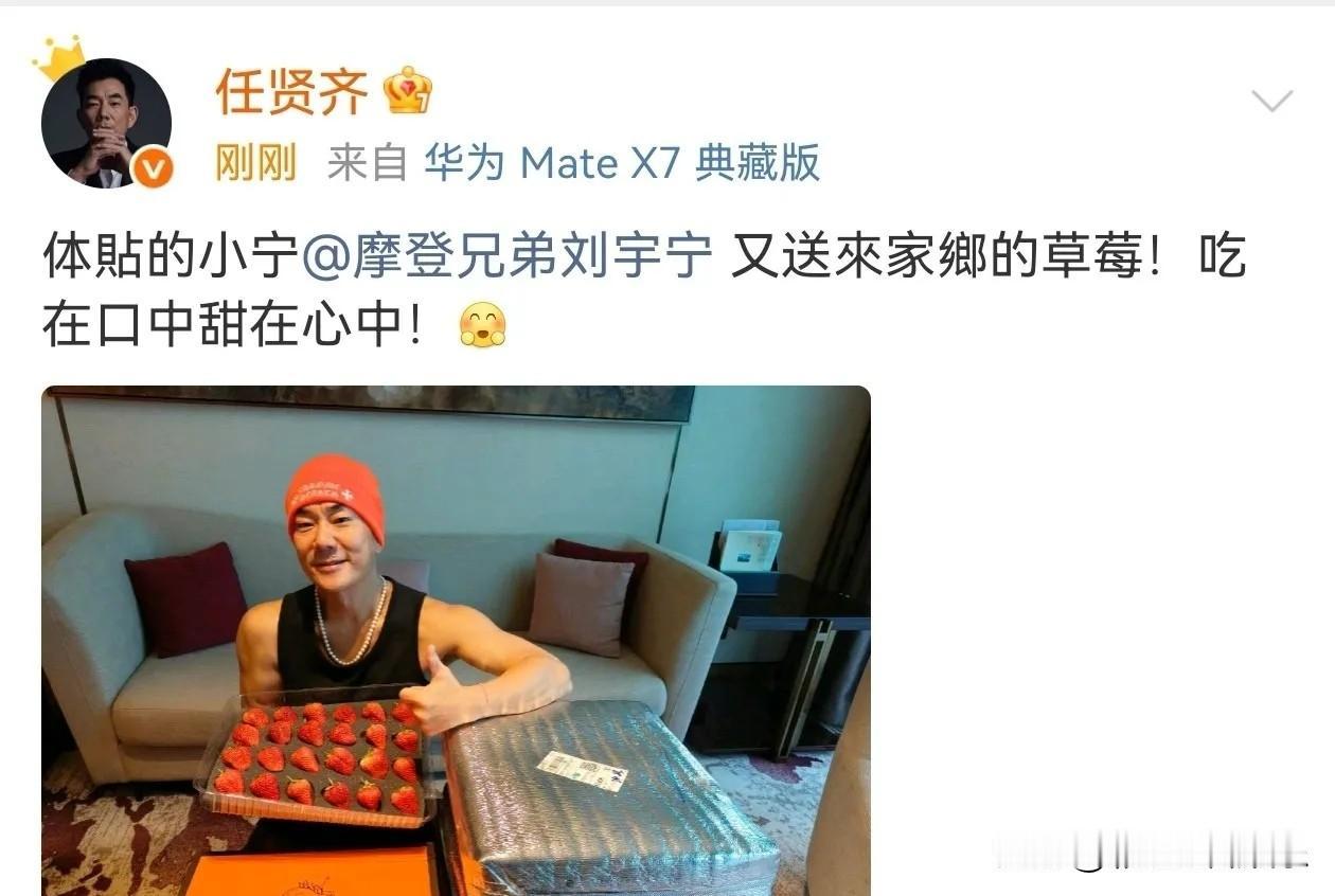 任贤齐晒刘宇宁送的丹东大草莓，一看就很好吃，没想到刘宇宁私下这么大方，不光礼物重