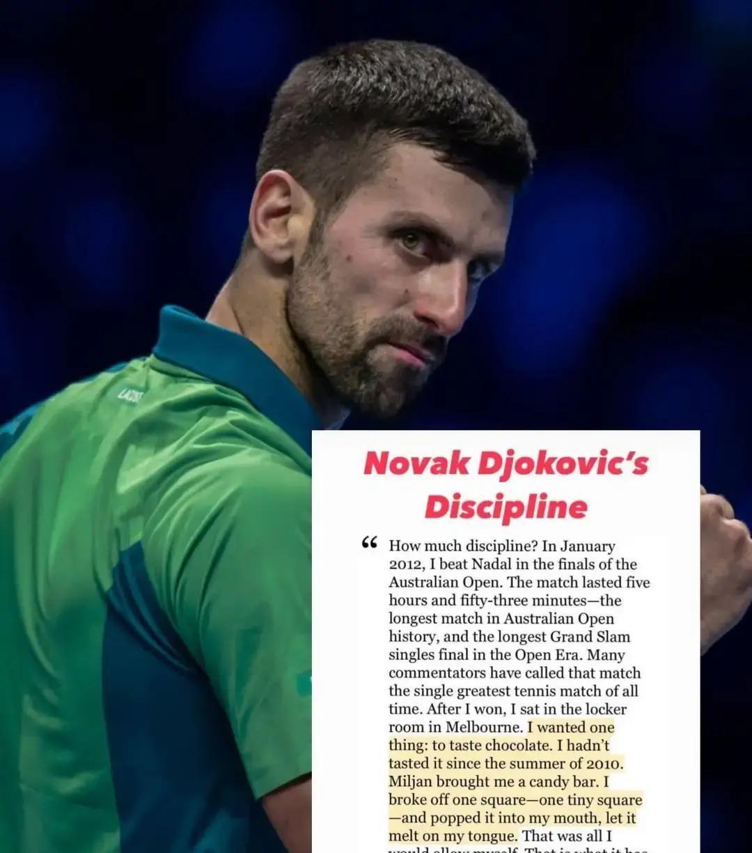 决赛后一口巧克力没吃2012澳网决赛，德约跟纳达尔打了快6小时，创纪录。赛