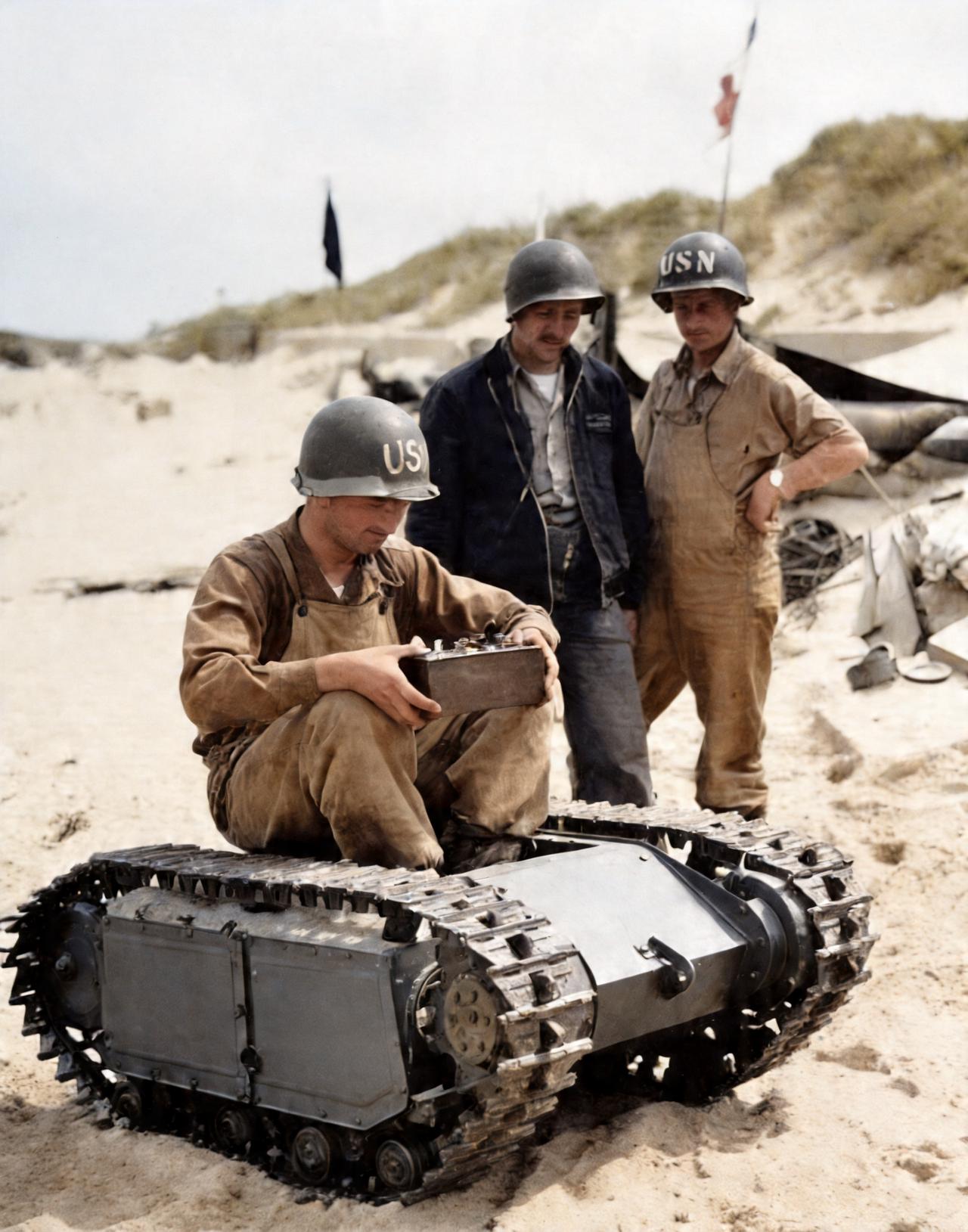 这是二战西线战场上一名美国大兵饶有兴致地玩耍缴获而来的德军的遥控小坦克。这种遥控
