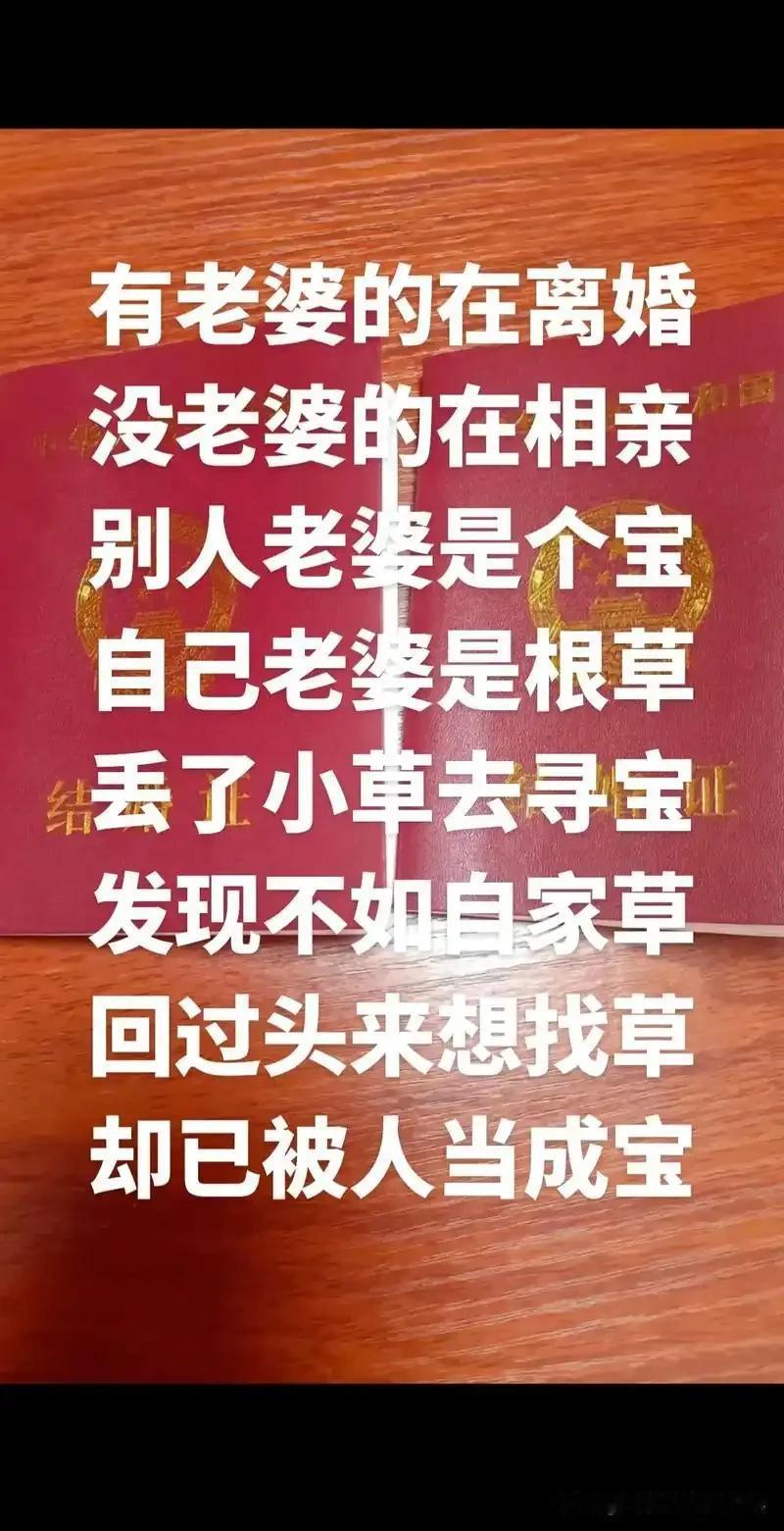 有老婆的想离婚没老婆急得头昏别人的老婆都是宝自己的老婆是根草为了别人