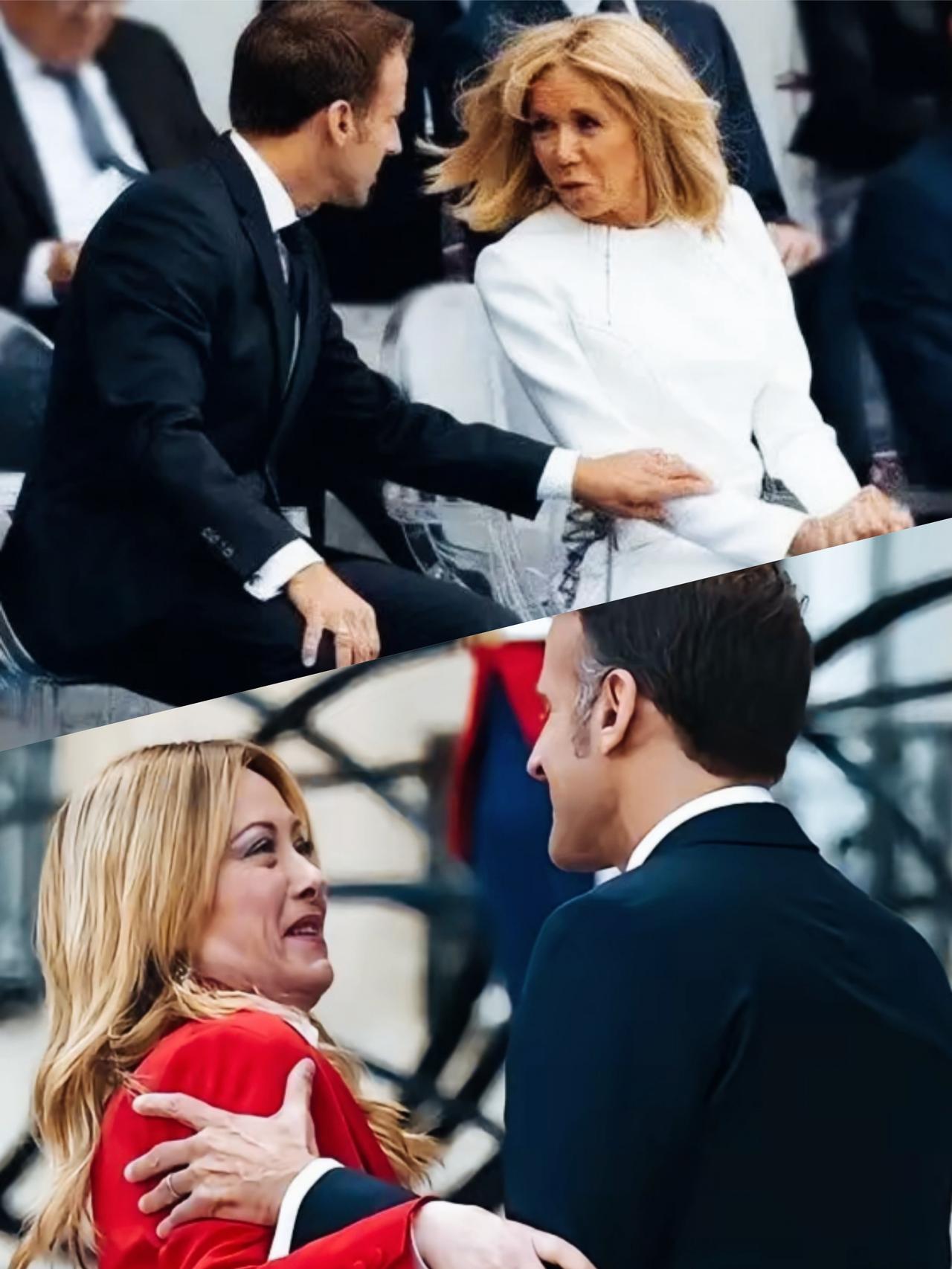 梅洛尼的表情可以看出，是不是被马克龙的热情给吓到了啊？马克龙面对妻子布丽吉特时