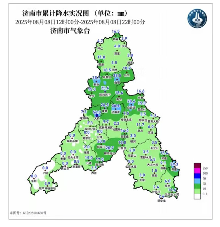 截至8日22时, 济南最大降水点位雨量达56毫米