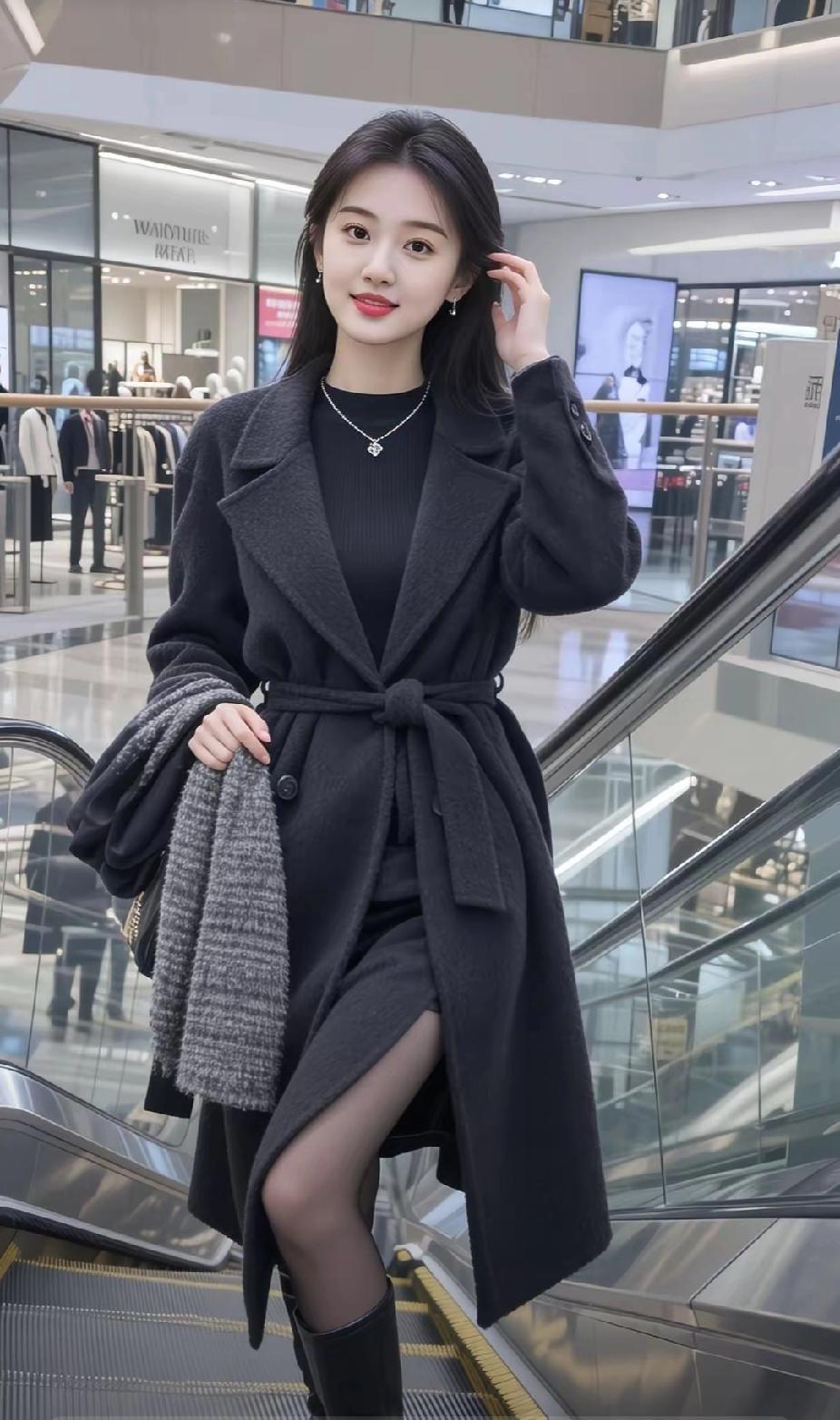 黑色大衣搭配灰色围巾，温暖又时尚！